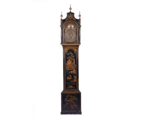 A George III longcase clockLacquered wood of chinoiserie decorationYellow metal dial of reliefs decoration with Roman numberi