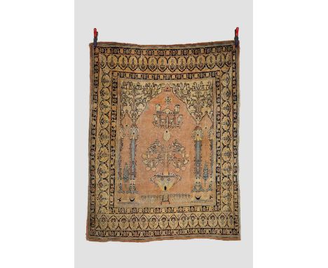 Tabriz prayer rug dated 1310 (AH) [1892 AD], north west Persia, 5ft. 9in. X 4ft. 6in. 1.75m. X 1.37m. Overall even wear; smal