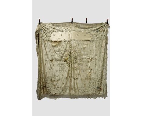 Chinese ivory silk satin bedcover, early 20th century, 94in. X 91in. 239cm. X 231cm. Silk ground shattered in many places; pa