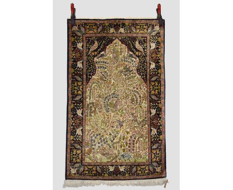 Silk tree of life prayer rug, modern, 4ft. 2in. X 2ft. 7in. 1.27m. X 0.79m. Ivory mihrab with tree of life with birds among t
