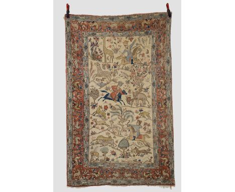 Esfahan pictorial hunting rug, central Persia, circa 1920s-30s, 6ft. 11in. X 4ft. 5in. 2.11m. X 1.35m.  Overall wear; losses 