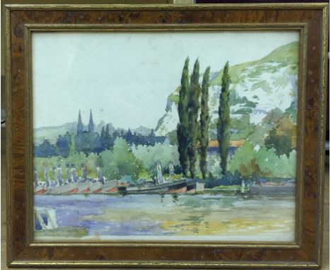 Attributed to John William Wadsworth (British, 1879 - 1955): a watercolour depicting a harbour scene, inscribed verso, 26 x 3