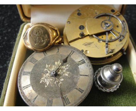 An 18ct ring; together with a 9ct stud pin and two vintage watch movements