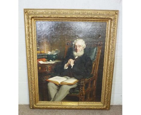 Archibald Stuart Wortley, British (1849-1905),Portrait of The Earl of Devon,seated with a book, oil on canvas, signed UR: in 