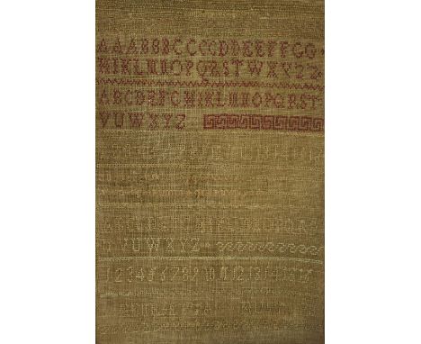 A 19th century sampler, with alphabet and numbers, signed Henrietta Hunt 78, 31cm x 20cm; together with a small watercolour b