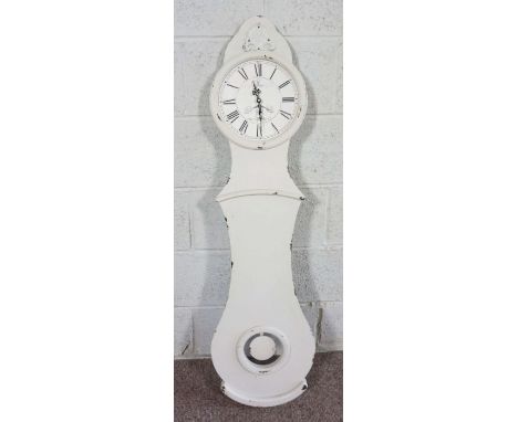 A modern grey painted wall clock, 120cm high and two other mirrors; also a Limited Edition print of 'Templetons', signed in p