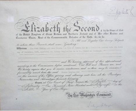 A framed Royal Commission, by Elizabeth II appointing the Swedish Consul at Edinburgh, dated December 1957 and awarded to Mr 