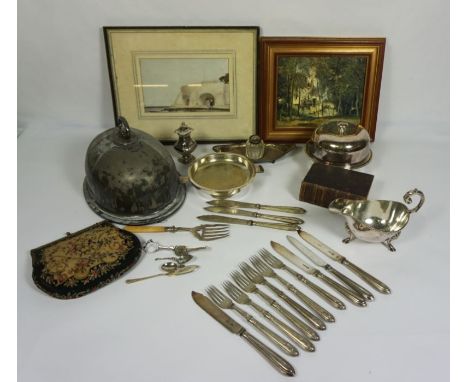 A quantity of assorted silver plate, including a Regency style inkstand, a meat cover, assorted flatware; also two prints, a 