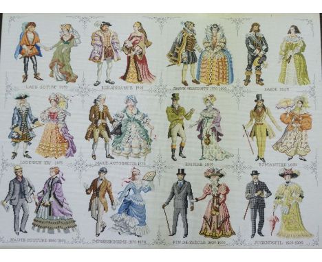 Assorted pictures and prints, including a cross-stitch of "Costumes through the Ages"; Changing the Pilot by Louis Roskell an