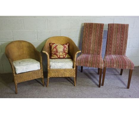 Two gold painted Lloyd Loom style armchairs and two high backed dining chairs, modern, with striped upholstery (4)