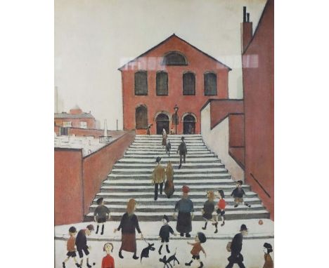 Six decorative pictures, including Old Church and Steps' after Lowry, and similar prints (6)