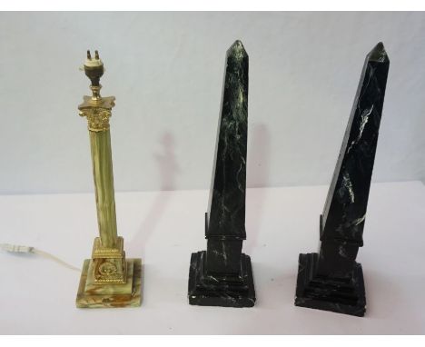 A pair of scagliola Grand Tour style painted plaster mantel obelisks, 20th century, 52cm high; together with a modern onyx Co