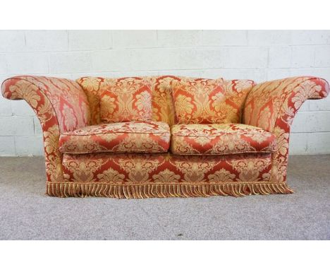 A large red damask covered sofa, with wide flared arms and separate cushions, 210cm wide