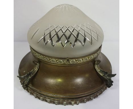 A Belle Epoch brass and glass hall pendant light fitting, circa 1900, with a domed matted glass set on a waisted brass mount 