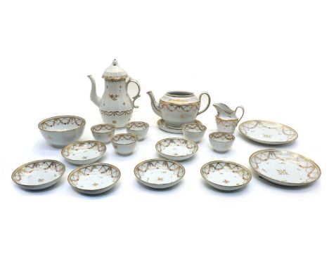 A part Spode tea service,c.1800, of neoclassical design with red and gilt swag decoration and associated coffee pot, comprisi