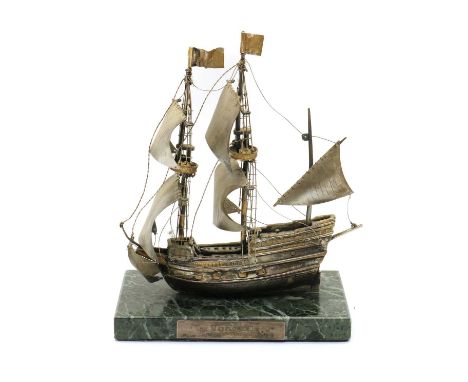 A silver model of The Mayflower, by Ammonite Ltd, Birmingham 1981, with sails and rigging, mounted on a green marble base, wi