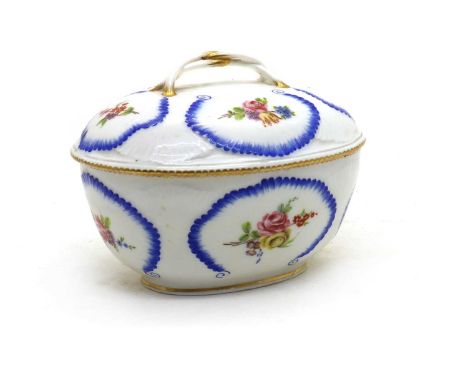 A Sèvres porcelain bowl and cover,c.1762, in the 'Feuille de Choux' pattern, painted by Jacques Fontaine,15cm wide12cm highPr