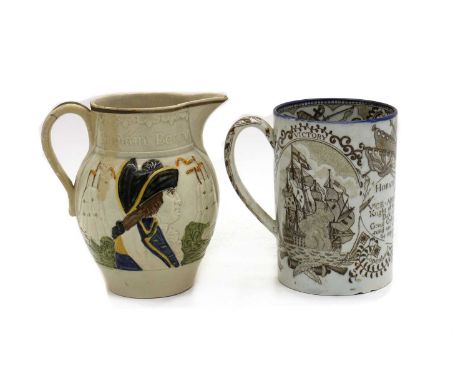 A small Pratt ware pottery jug,decorated in relief, depicting Lord Nelson and Captain Berry, 13cm hightogether with a pearlwa