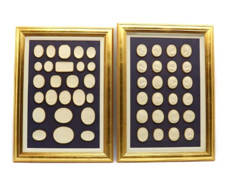 A group of four framed Grand Tour style plaster intaglios,to include portrait and mythological examples,largest frame 53.5 x 