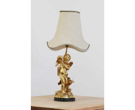 An ormolu table lamp,20th century, French, modelled as a cupid firing his arrow,40cm high65cm high with shadeCondition report