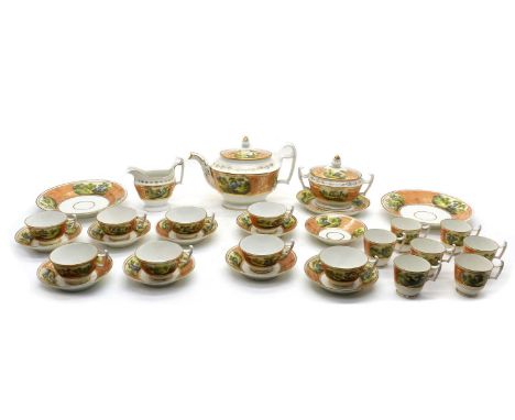 A Spode style tea and coffee service,c.1820, decorated with landscapes within gilt-lined reserves, on a puce ground, comprisi