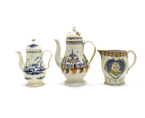 A Creamware coffee pot and cover,decorated with painted Chinese landscape depicting pagodas amongst trees, 25cmtogether with 