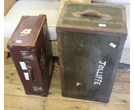 A vintage metal bound travelling trunk and leather suitcase