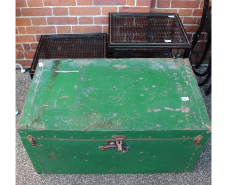 Two black metal glass tables and a green metal trunk