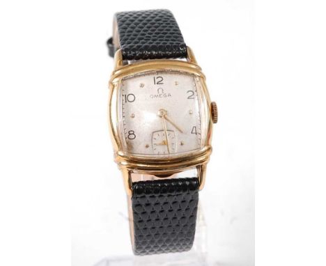 An Omega gent's 10ct gold filled wristwatch, having signed silvered dial with even Arabic numerals, subsidiary seconds dial, 