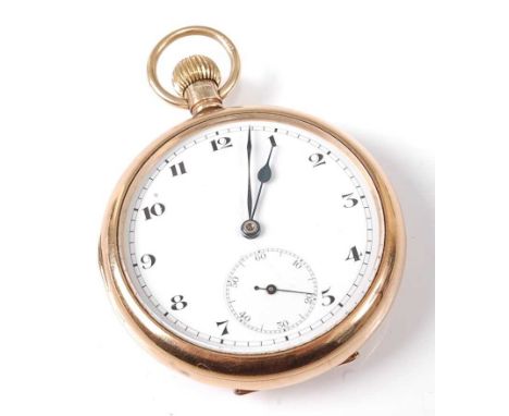 A gent's 9ct gold cased open face pocket watch having an unsigned white enamel dial, subsidiary seconds dial, keyless Swiss m