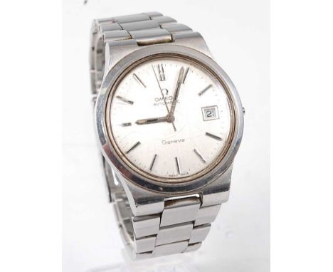 A gent's Omega Geneve steel cased automatic wristwatch, having signed silvered dial with baton markers, date aperture, screw-