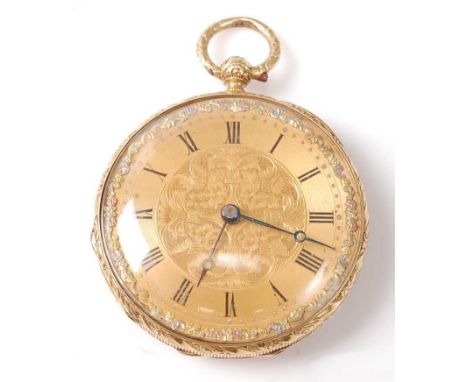 An 18ct gold open face keywind pocket watch, featuring a round gilt Roman dial with three-colour floral detail and engraved s