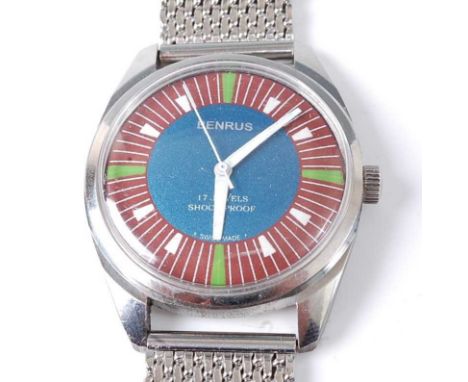 A gent's Benrus steel cased mechanical wrist watch having a signed blue dial with baton markers and red and white outer chapt