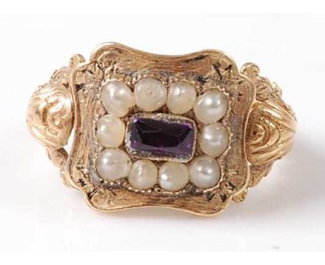 An early Victorian 18ct yellow gold amethyst and pearl memorial ring, comprising a rectangular cluster with a step-cut amethy