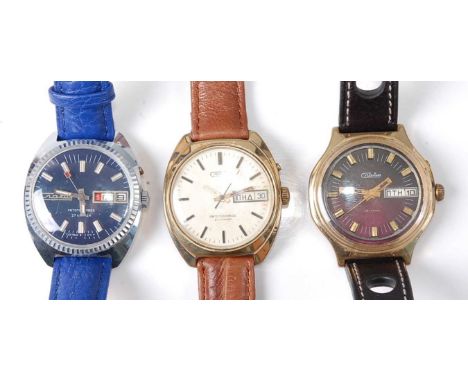 A Soviet gent's Slava steel cased automatic wristwatch, having signed blue day/date dial with baton markers, 37mm; together w
