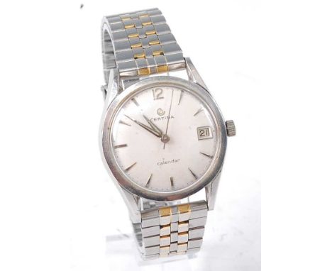 A gent's Certina steel cased calendar wrist watch, having signed silver dial with baton markers, date aperture, luminous hand