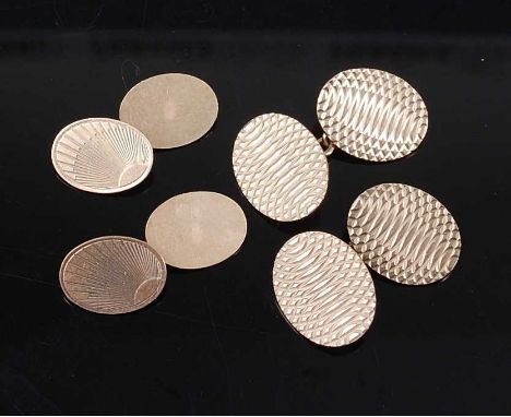 Two pairs of 9ct yellow gold double-ended cufflinks, one pair with an engraved diamond cut finish, plates each measuring appr
