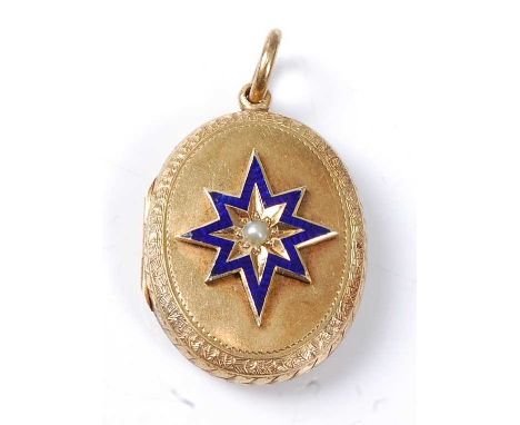 A late Victorian yellow metal oval locket, the front featuring an eight-pointed blue enamel star with a 3.2mm seed pearl and 