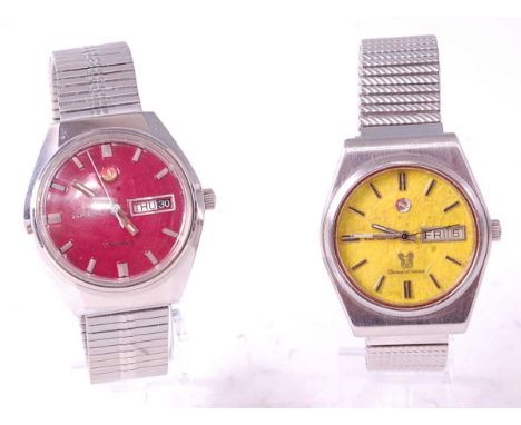 A gent's Rado Companion steel cased automatic wrist watch having a signed mauve day/date dial with baton markers, luminous ti