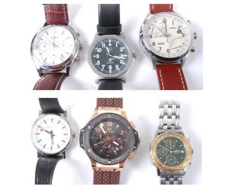 Six various gent's quartz watches to include Timex Intelligence chronograph, case dia. 44mm, on stitched brown leather bracel