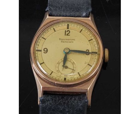 A vintage gent's Bravingtons Renown 9ct gold cased wristwatch, having signed champagne dial with subsidiary seconds dial, man