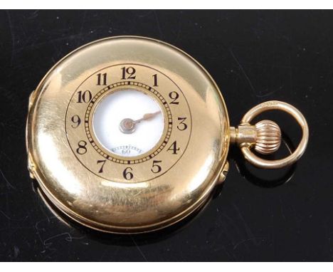 An 18ct yellow gold lady's half hunter keyless wind pocket watch, having white Arabic dial and subsidiary dial t and 6 o'cloc
