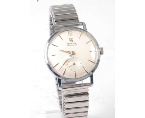 A gent's Buren Grand Prix steel cased wrist watch having a signed silver dial with baton markers, subsidiary seconds dial, In