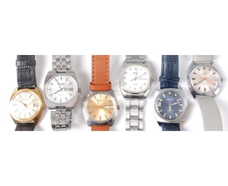A gent's Enicar steel cased automatic wrist watch having day/date dial, case dia. 35mm, and five various other gents' circa 1