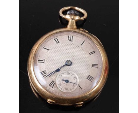 An 18ct yellow gold lady's open face keyless manual wind pocket watch with round silver Roman dial and subsidiary dial at six