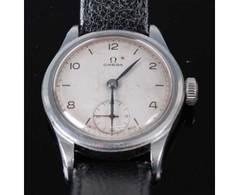 A vintage gent's Omega steel cased wristwatch, having signed silvered dial with Arabic even numerals, subsidiary seconds dial