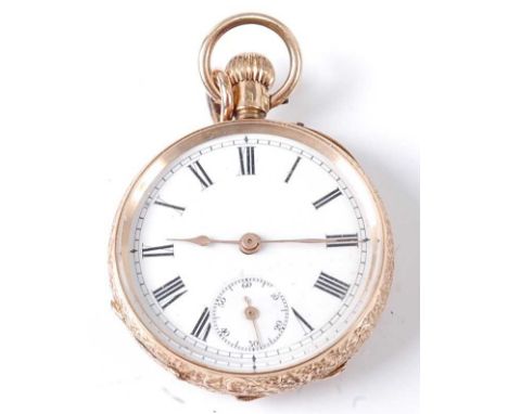 A lady's continental 14ct gold cased open faced pocket watch having engraved case, unsigned white enamel dial with Roman nume
