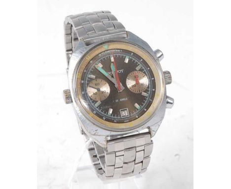 A gent's Poljot Russian silver plated chronograph having a signed black dial, twin subsidiary dials, date aperture at 6 o'clo