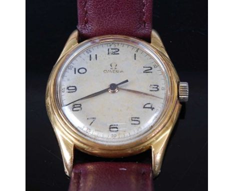 A gent's Omega gold plated wristwatch, having a signed silvered dial with Arabic numerals, manual wind 15-jewel movement numb