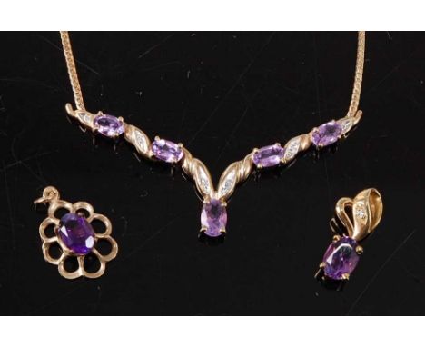A suite of amethyst jewellery comprising the following: A 9ct yellow gold amethyst pendant featuring an oval faceted amethyst